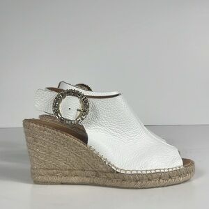 Maypol White‎ Pebbled Leather Peep Toe Espadrille Wedge Rhinestone Buckle SZ 40